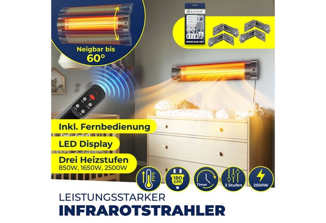 Kesser® Infrarotstrahler 2500 W Mit Fernbedienung, 3 Stufen, Instant-heat, Timer - Anthrazit