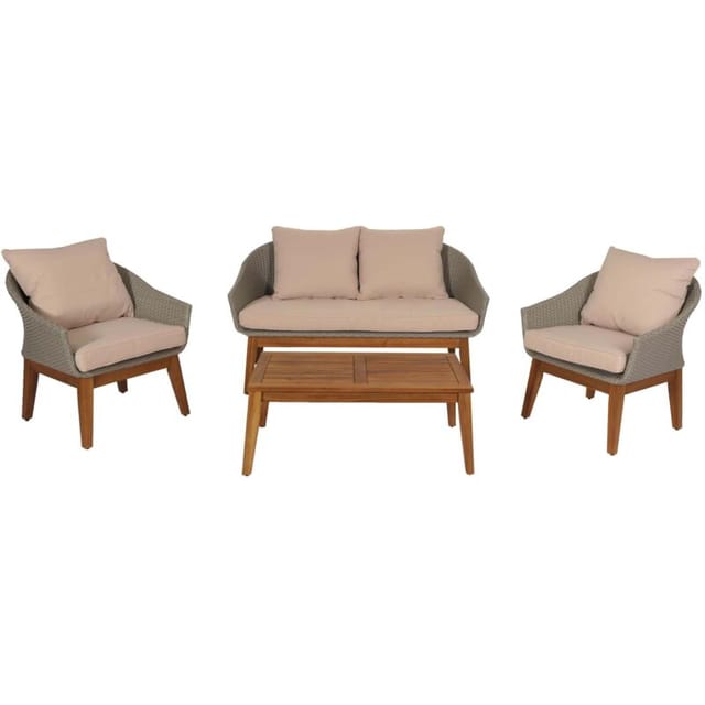 [neuwertig] Gartengarnitur Hhg-222, Garten-/lounge-set Sofa Sitzgruppe, Poly-rattan Holz Akazie Grau, Kissen Beige