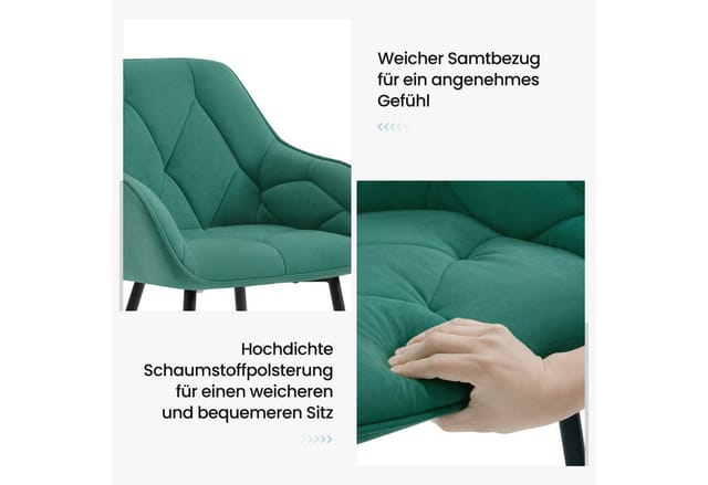 Esszimmerstühle 2er Set, Küchenstuhl Mit Samt Gepolstertem Sitz Metallbeinen Ergonomischer Sessel Armlehnstuhl Rückenlehne Stuhl Esszimmer, Türkis - Woltu