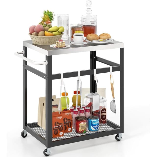 Grillwagen Outdoor, Grilltisch Mit 2 Ablagen & 4 Rädern & Griff & 4 Haken, Pizzatisch Beistelltisch Servierwagen Für Hinterhof, Garten, Terrasse (2 Ablagen) - Costway