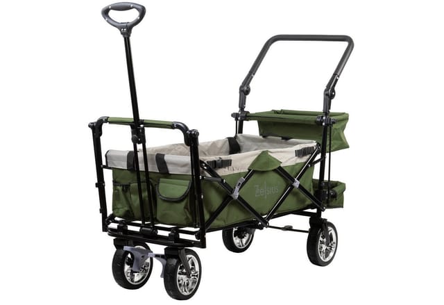 Bollerwagen Faltbar Mit Dach, Grün / Grau, Transportwagen Mit Gurtsystem, Klappbollerwagen - Zelsius