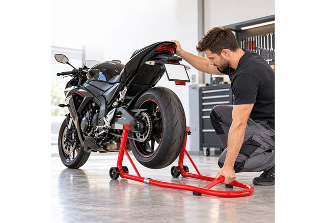 Relaxdays Motorrad Ständer, Bis 450 Kg, Hinterrad, 4 Laufrollen, Wartung & Reinigung, 34x80x30 Cm, Motorradheber, Rot