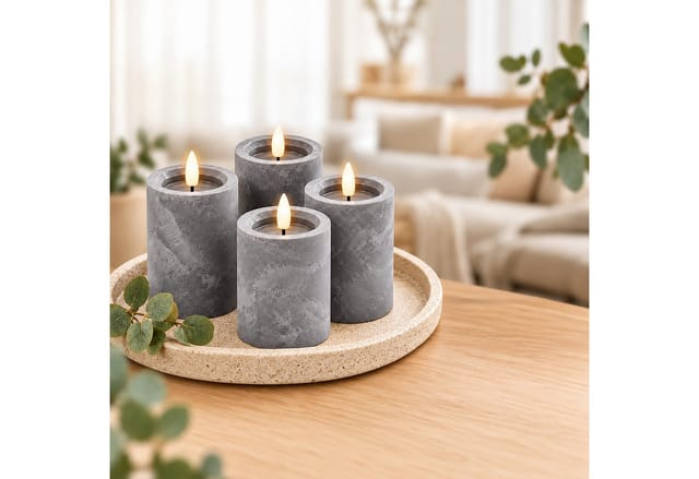 Relaxdays Led Kerzen, 4er Set, Flackernde Flamme, Timer, Betonoptik, Flammenlose Stumpenkerzen, Hxd: 14,5 X 7,5 Cm, Grau