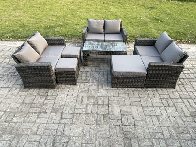 Lounge Poly Rattan Gartenmöbel Set Für Den Garten Mit Couchtisch Doppelsitz-sofa 3 Hocker Dunkelgrau Gemischt - Fimous