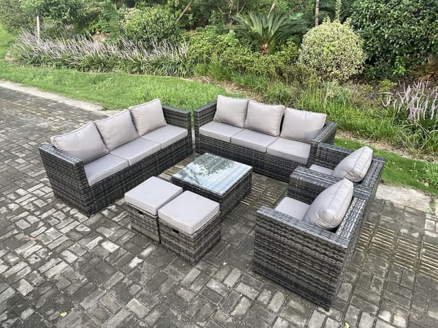 10-sitzer Rattan Gartenmöbel Sofa Set Mit 2 Sesseln Quadratischer Couchtisch 2 Kleine Hocker Innen Beistelltisch Outdoor Rattan Set Dunkelgrau Gemischt - Fimous