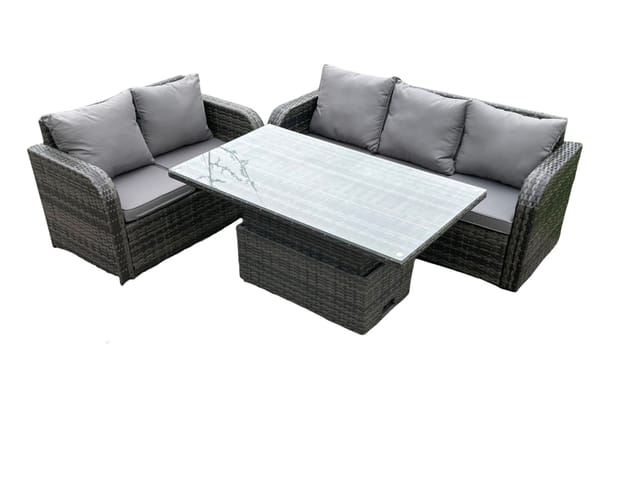 Fimous Outdoor Rattan Gartenmöbel Sets Höhenverstellbarer Aufsteigender Esstisch Lounge Sofa Set Dunkelgrau Gemischt