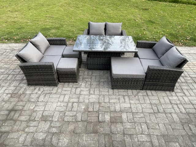 Fimous Polyrattan Gartenmöbel Set Einstellbare Höhe Esstisch Sofa Set Mit Doppelsitz-sofa 3 Hocker Dunkelgrau Gemischt
