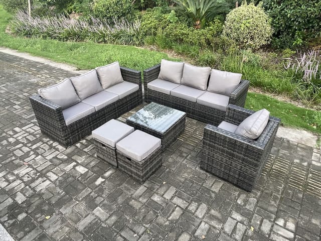 Rattan Gartenmöbel Sofa Set Mit Sessel Quadratischer Couchtisch 2 Kleine Hocker Indoor Beistelltisch Outdoor 9-sitzer Rattan Set Dunkelgrau Gemischt - Fimous