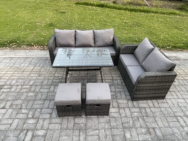 Hoher Rücken Polyrattan Sofa Set Gartenmöbel Esstisch Set Love Sofa 3-sitzer Sofa 2 Kleinen Hockern - Fimous