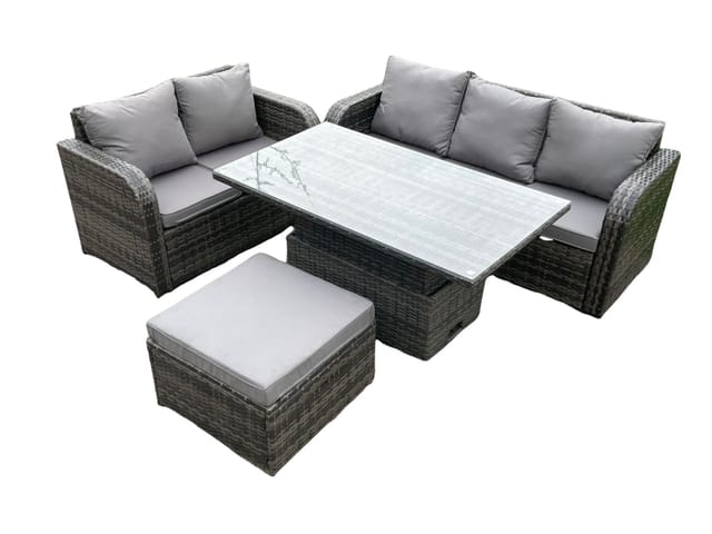 Rattan-gartenmöbel-sets Im Freien Höhenverstellbarer Aufsteigender Esstisch-lounge-sofa-satz Mit Großem Fußhocker Dunkelgrau Gemischt - Fimous