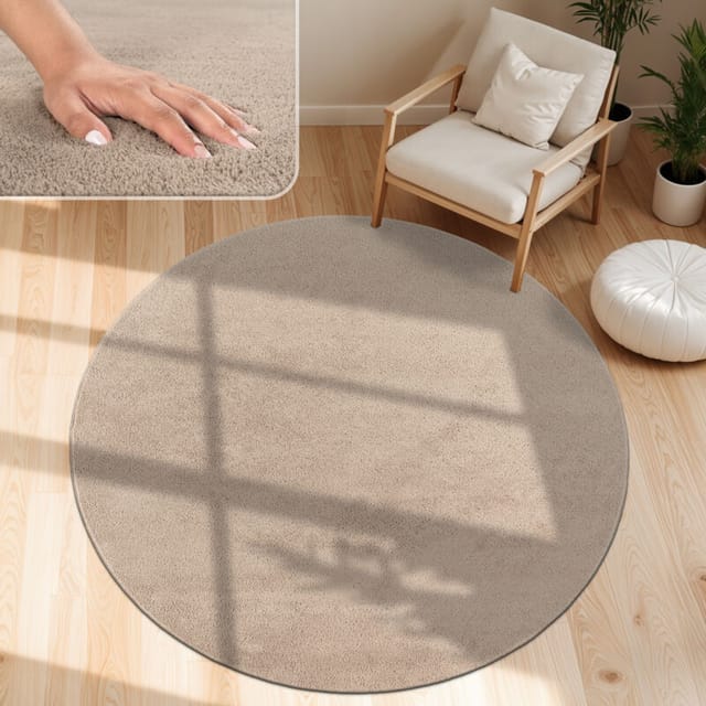 Paco Home Moderner Wohnzimmer Teppich Kurzflor Waschbar Weich Einfarbig Felloptik Anti-rutsch Taupe, 80 Cm Rund