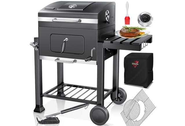 Grillwagen Bbq Smoker Xl Holzkohlegrill Mit Deckel, Rädern, Edelstahl-griff, Thermometer, Grillrost, Bürste, Abdeckhaube, 8 Spieße Mit Tasche & Silikon-pinsel, Standgrill, Kohlegrillwagen - Kesser