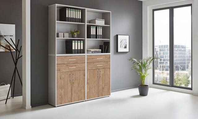 Bmg Möbel Regalwand/schrankwand, Office Edition Set 20, Grau/ Weiß Gold Harbor Oak