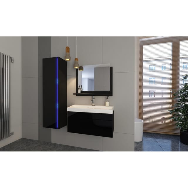 Meublorama - Badezimmermöbel-set In Schwarz, Kollektion Bird, Hochschrank, Waschbeckenunterschrank 80 Cm, Spiegel