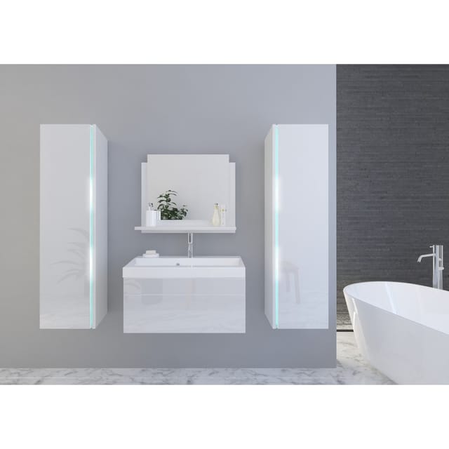 Meublorama - Badezimmermöbel-set Weiß, Kollektion Bird, Hochschränke, Waschbeckenunterschrank 80 Cm, Spiegel, Siphon Und Leds