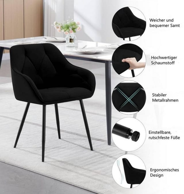 1er Esszimmerstuhl Küchenstuhl Mit Samt Gepolstertem Sitz Metallbeinen Ergonomischer Sessel Armlehnstuhl Rückenlehne Stuhl Esszimmer Schwarz - Woltu