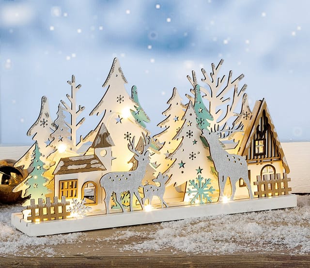 Holz Winterlandschaft 30 Cm Beleuchtet - 15 Led Warmweiß - Weihnachts Fenster Deko Aufsteller Winter Haus Silhouette