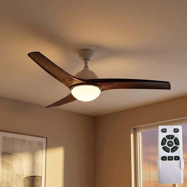 Deckenventilator Deckenleuchte Ventilator Lüfter Holzventilator Fernbedienung, Cct Timer 3 Stufen, Metall Mdf Holzoptik Braun Glas Opal, 1x Led 15w 1500lm, Dxh 132x35cm