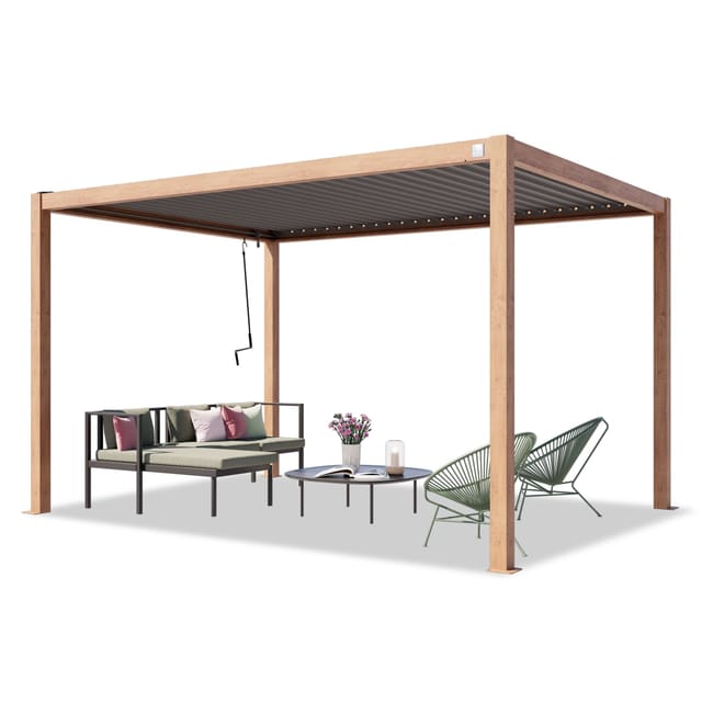 Primeyard Pergola 3x4 M Aluminium-pfosten In Holzoptik Mit Lamellendach Aus Stahl Terrassenüberdachung