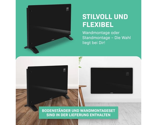 Vonroc - Glasplatten-konvektorheizgerät – 2000w - 24m2 – Manuelle Und Wlan-steuerung – Einstellbarer Thermostat Und Timer – Schwarz