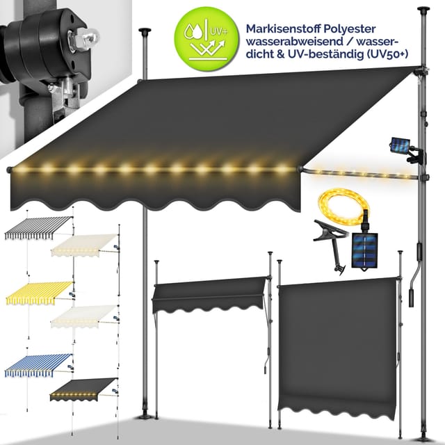 Tillvex Klemmmarkise 400 Cm Sand Mit Led Mit Handkurbel Balkon Balkonmarkise Ohne Bohren Markise Uv-beständig & Höhenverstellbar Sonnenschutz Wasserdicht