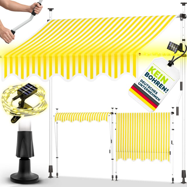 Tillvex Klemmmarkise 400 Cm Gelb/weiß Mit Led Mit Handkurbel Balkon Balkonmarkise Ohne Bohren Markise Uv-beständig & Höhenverstellbar Sonnenschutz Wasserdicht