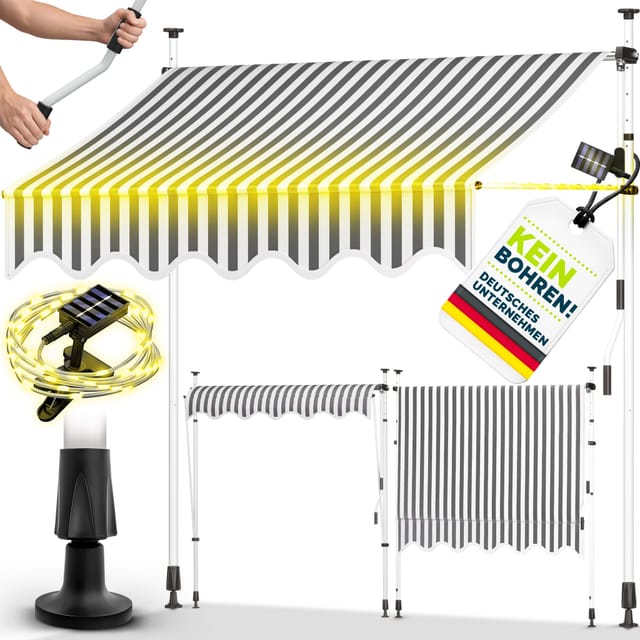Tillvex Klemmmarkise 400 Cm Grau/weiß Mit Led Mit Handkurbel Balkon Balkonmarkise Ohne Bohren Markise Uv-beständig & Höhenverstellbar Sonnenschutz Wasserdicht