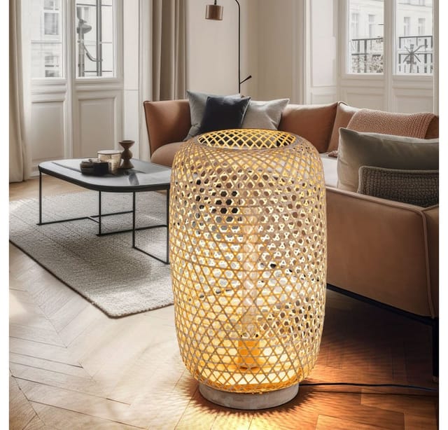 Led Stehlampe Stehleuchte Holzlampe Beistellleuchte Holzleuchte, Bambus Natur Bohostil Schalter, 1x E27 Filament Led Warmweiß, Dxh 31x55cm