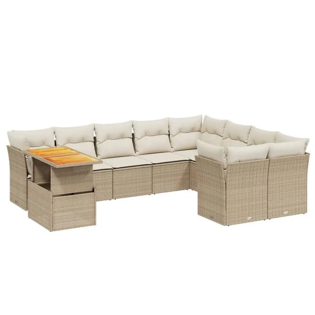 vidaXL 10-tlg. Garten-Sofagarnitur mit Kissen Beige Poly Rattan