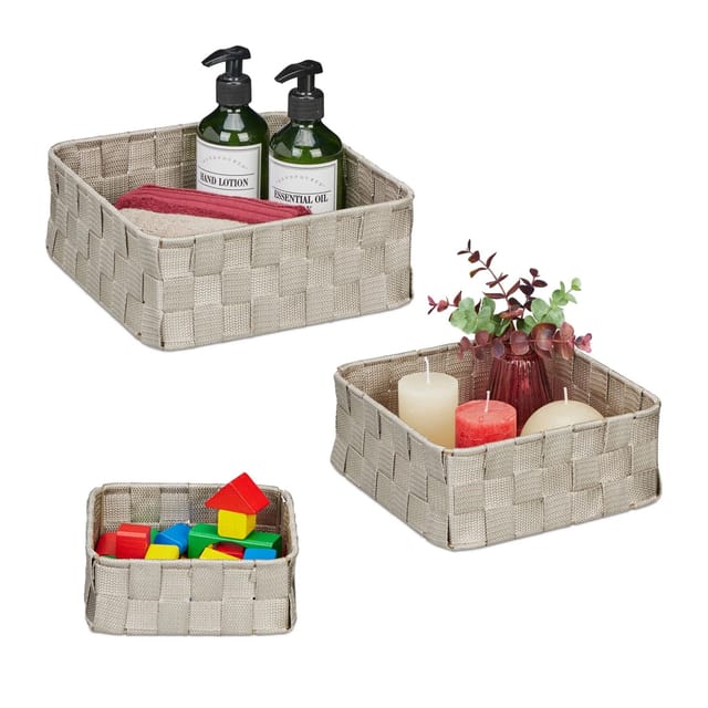 Aufbewahrungskorb 3er Set, Körbchen In 3 Größen, Geflochten, Kunststoff, Metallrahmen, Körbe Badezimmer, Grau - Relaxdays