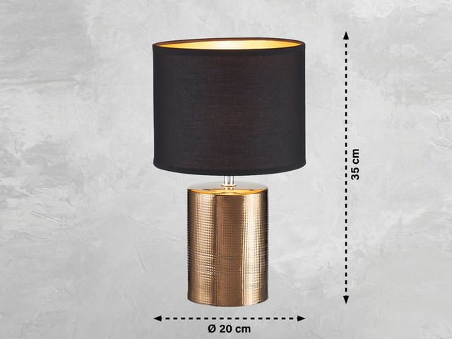 Led Tischlampe Mit Keramikfuß & Stoffschirm Schwarz Innen Gold, Höhe 35cm