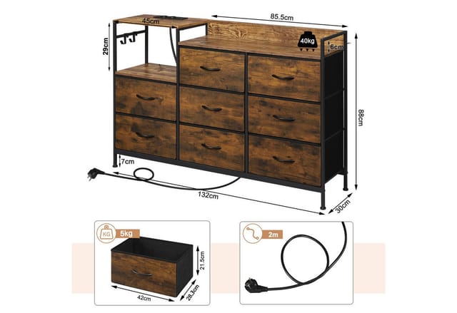 Kommode Kommodenschrank Mit 8 Schubladen Aus Stoff Und Steckdosen Schubladenkommode Für Flur Schlafzimmer Wohnungseingang, Aus Metallrahmen Holzwerkstoff, Holzoptik Vintage + Schwarz - Woltu