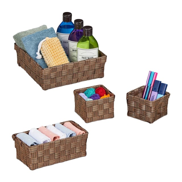 Relaxdays Aufbewahrungskorb 4er Set, Körbchen In 3 Größen, Geflochten, Kunststoff, Metallrahmen, Körbe Badezimmer, Braun