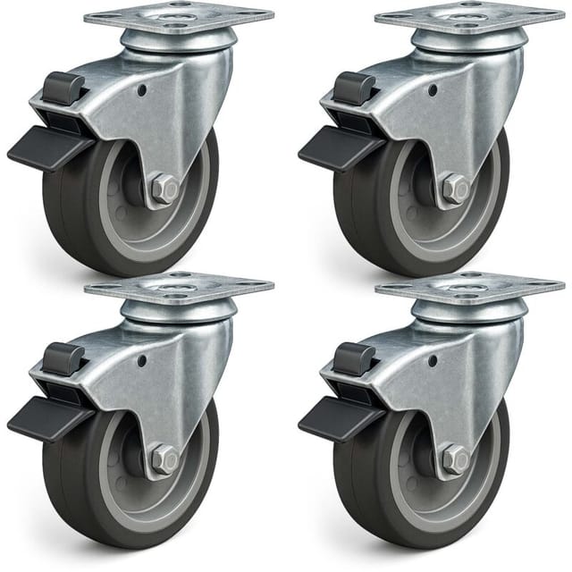 Wiltec - Lenkrollen Set 4x Transportrolle Ø125mm Bis 100kg Pro Rad Mit Kunststoffrad, Bremse Und Anbauplatte, Leiser Lauf, Transportrollen Möbelrollen Laufrollen