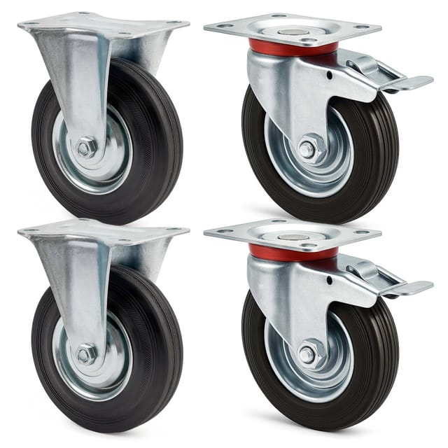 Transportrollen Set 100mm 2x Doppelstopp-lenkrolle Und 2x Bockrolle Mit Vollgummirad, 70kg Pro Rad - Wiltec