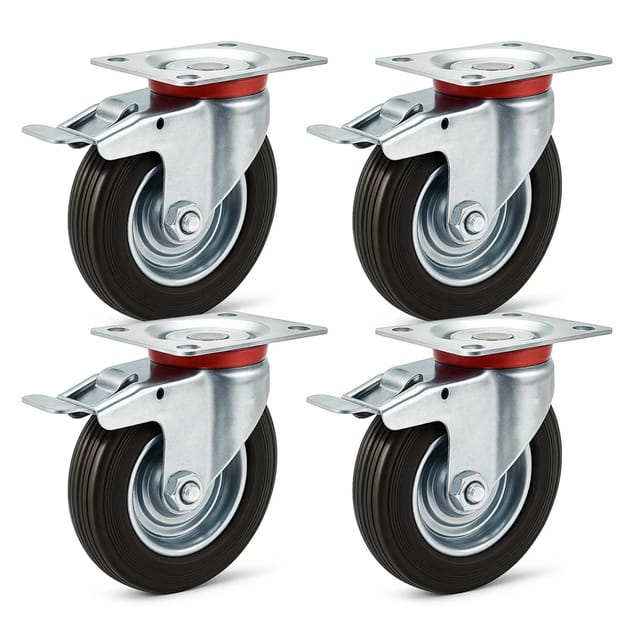 Wiltec - Doppelstopp-lenkrollen Set 4x Vollgummirad Transportrolle 125mm Bis 100kg Pro Rad Mit Feststellbremse Und Anbauplatte, Leiser Lauf, Transportrollen Möbelrollen