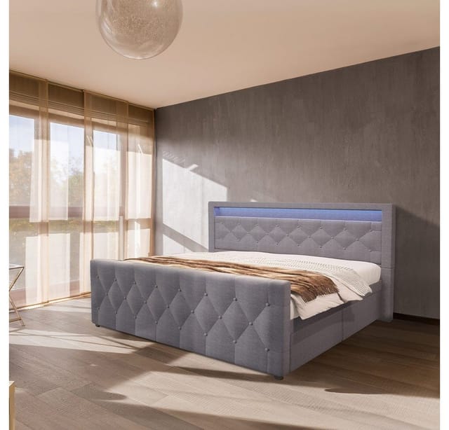 Home Deluxe - Polsterbett Velara - 140 X 200 Cm, Farbe: Dunkelgrau, Inkl. H3/h4 Matratze, Gepolstertes Kopfteil Mit Led Beleuchtung, Inkl. 4 Schubladen I Doppelbett Komforbett Komfortbett Polsterbett