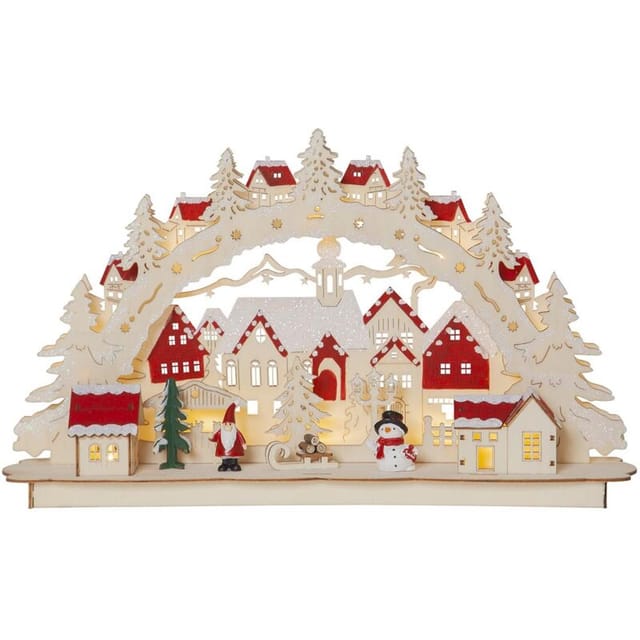 Star Trading - Led Schwibbogen ,rosenheim' Aus Holz Mit Weihnachtsfiguren, Batterien + Timer, Natur, Warmweiß, B 46cm