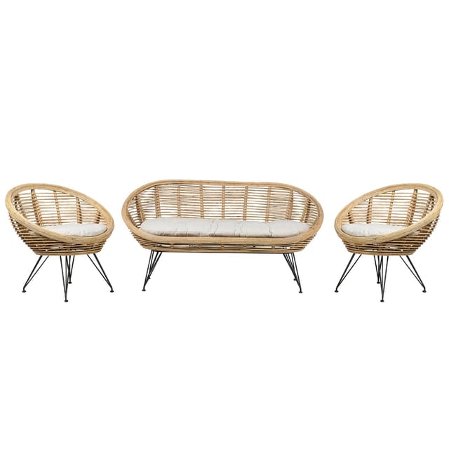 4-sitzer Lounge Set Natürlich Rattan 3-teilig Gartensofa Und 2 Gartenstühle Mit Schwarzem Metallgestell Auflagen Hellbeige Boho Outdoor Indoor
