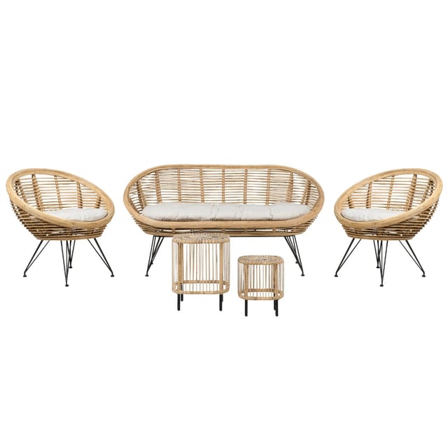 4-sitzer Lounge Set Natürlich Rattan 5-teilig Gartensofa 2 Gartenstühle Und 2 Couchtische Mit Schwarzem Metallgestell Auflagen Hellbeige Garten