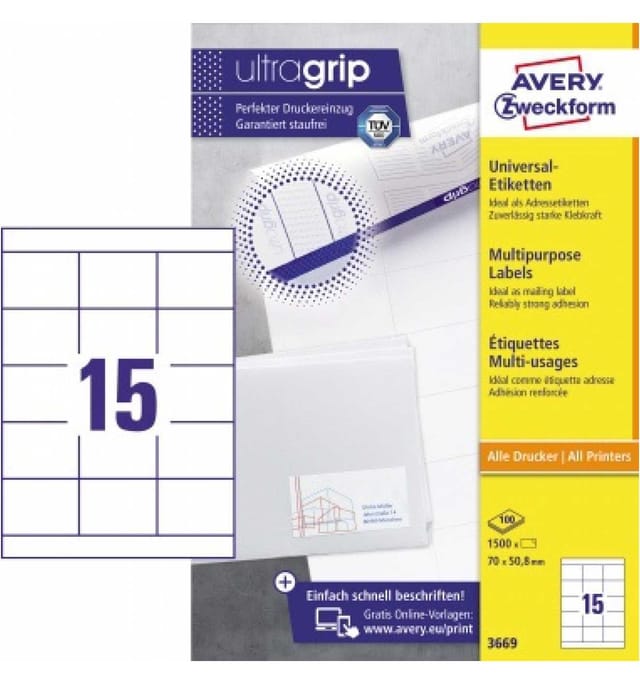 Avery Zweckform - Universaletikett Ultragrip 70 X 50,8 Mm (b X H) Nicht Wieder Ablösbar Papier Weiß 1.500 Etik./pack.