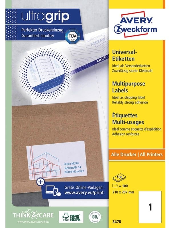 Avery Zweckform - Universaletikett Ultragrip 210 X 297 Mm (b X H) Nicht Wieder Ablösbar Papier Weiß 100 Etik./pack.
