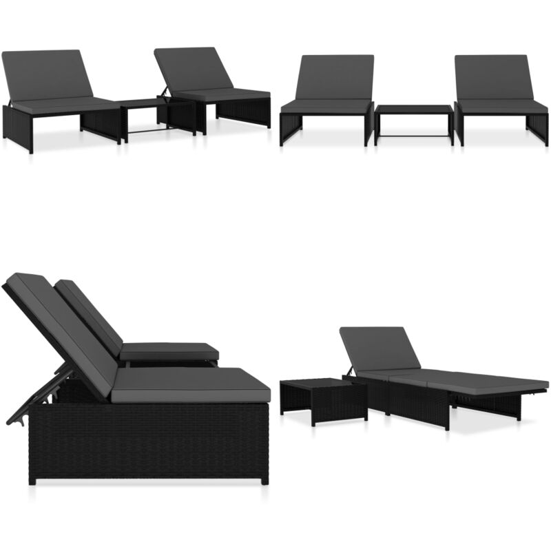 Sonnenliegen 2 Stk. Mit Tisch Poly Rattan Schwarz - Rattan Möbel - Gartenlounge - Outdoor Möbel - Sonnenschirm - Terrassenmöbeln - Home & Living