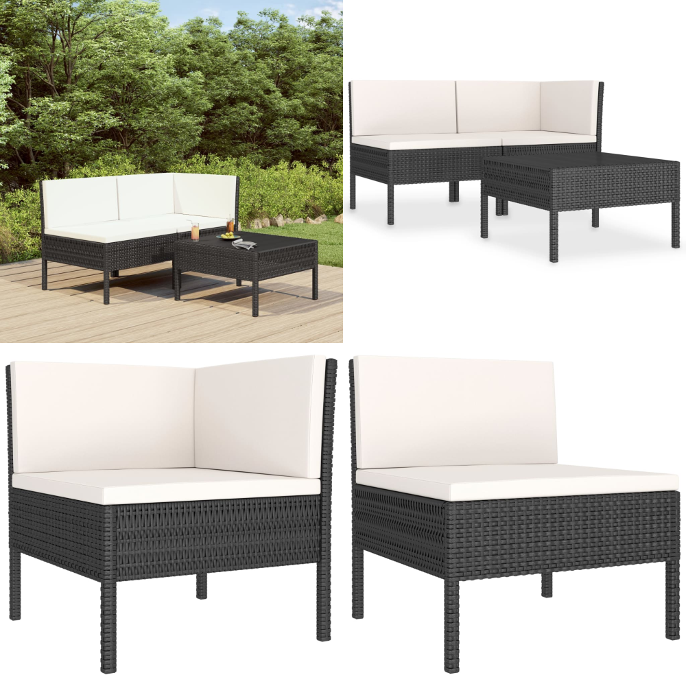 3-tlg. Garten-lounge-set Mit Auflagen Poly Rattan Schwarz - Gartengestell - Loungeset - Gartenmöbel - Outdoormöbel - Rattanmöbel - Home & Living