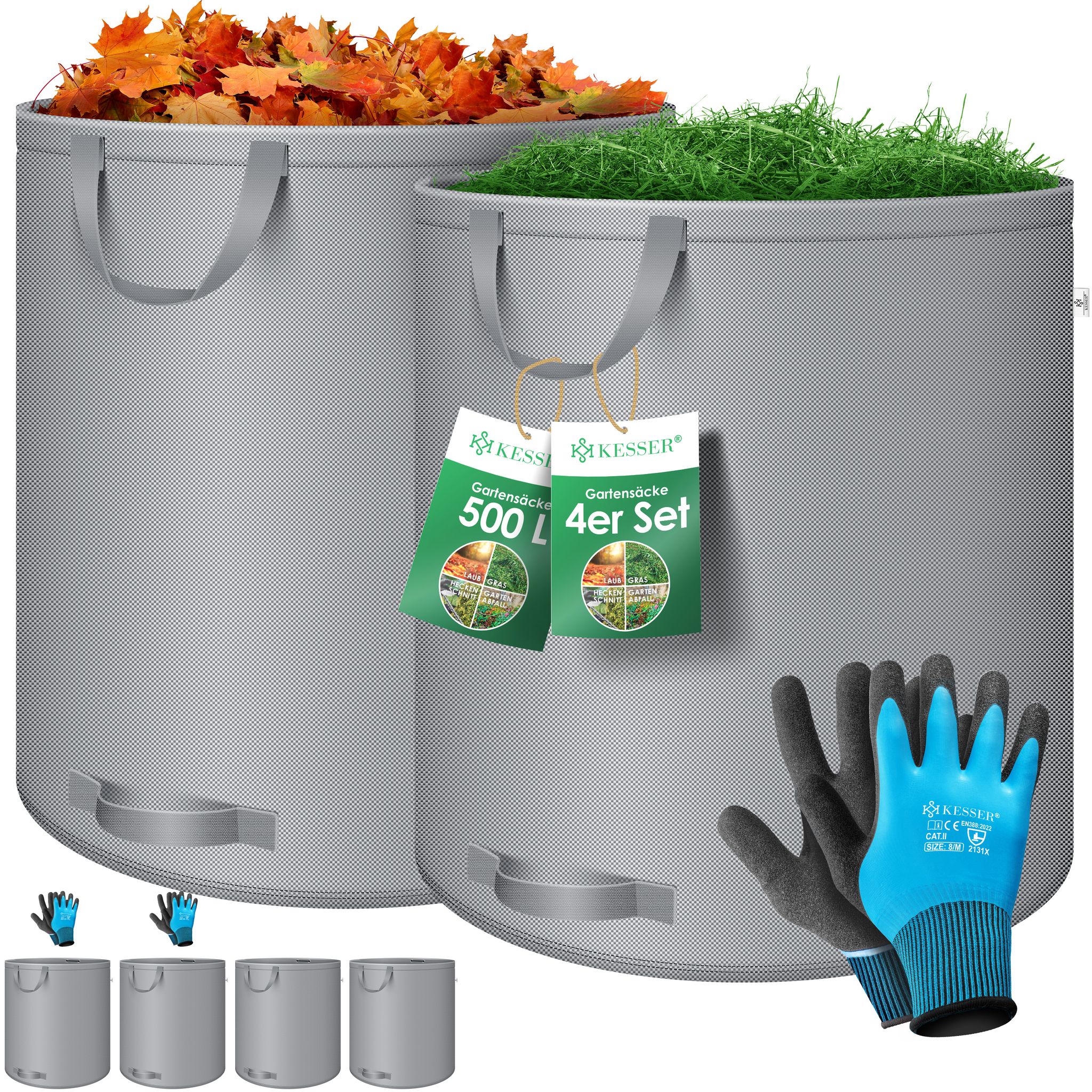Gartensack Set Laubsack Gartenabfallsack Inkl. Handschuhe - Selbststehend 4 Griffe Stabil Robust & Faltbar - Laubsäcke Rasenschnitt Gartensäcke Grün / 4x 500 Liter - Kesser