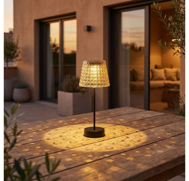 Außenlampe Solarlampe Tischleuchte Led Gartenlampe Kristallleuchte Rauchfarben. Kunststoff Schwarz, Akku Ip44, 3000k Warmweiß, H 29 Cm, 4er Set