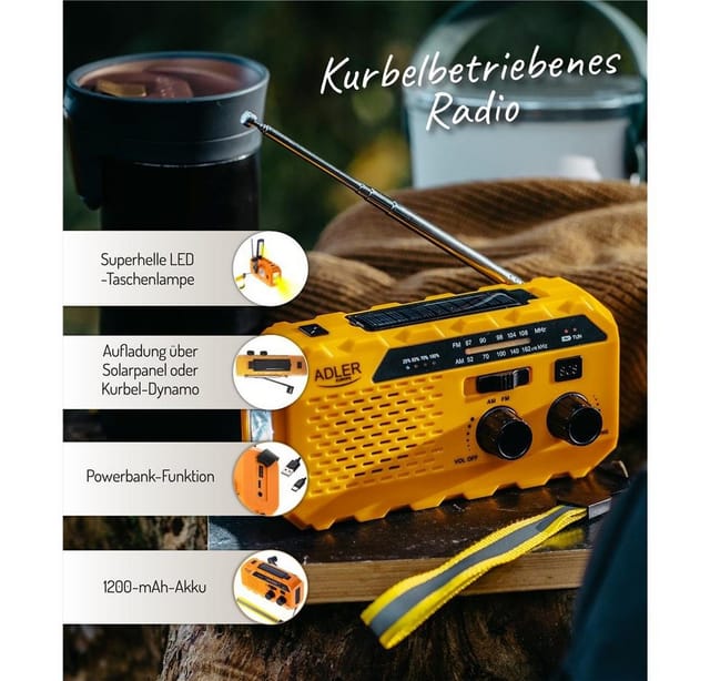 Kurbelradio 3in1 Taschenlampe Powerbank Solarpanel Adler Ad1197