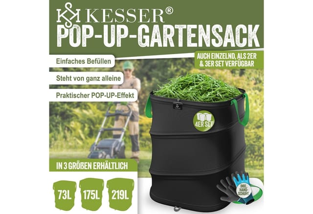 Pop-up-gartensack Laubsack Gartenabfallsack Inkl. Handschuhe Selbststehend Mit Griffen Stabil Robust & Faltbar Schwarz / Hellgrün, 4x 73 Liter - Kesser