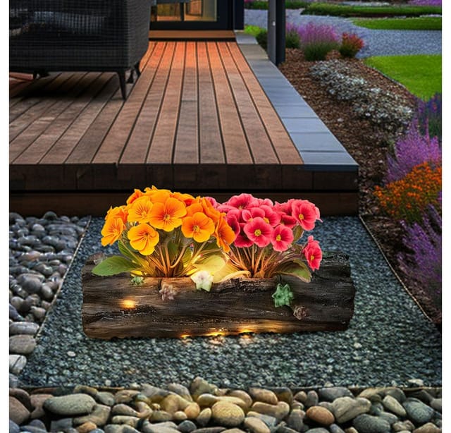 Solar Pflanzgefäß Blumentopf Deko Licht Für Haus Und Garten In Baumstammoptik, Grau Antik, 1x Led Warmweiß, Lxh 44,3x13,5 Cm, 2er Set