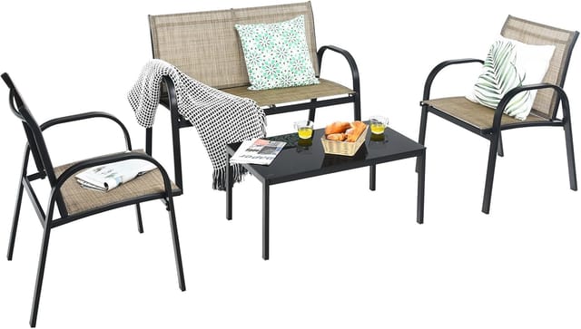 4 Tlg. Gartenmöbel Set, Terrassenmöbel Mit Bank, 2 Stühlen & Couchtisch, Lounge Balkonmöbel Set Outdoor, Gartengarnitur Für Terrassen, Balkon, Garten (braun) - Costway